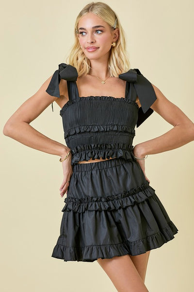 Micro Pleated Shoulder Tie Top- Black