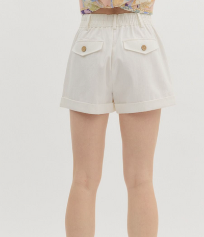 White High Waisted Pin Tuck Shorts