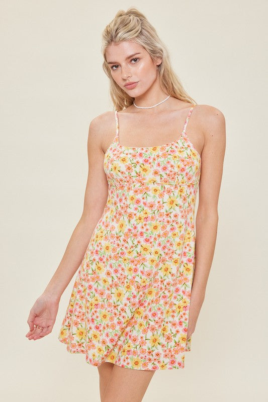 Linen Blend Mini Dress Designed In Floral Print