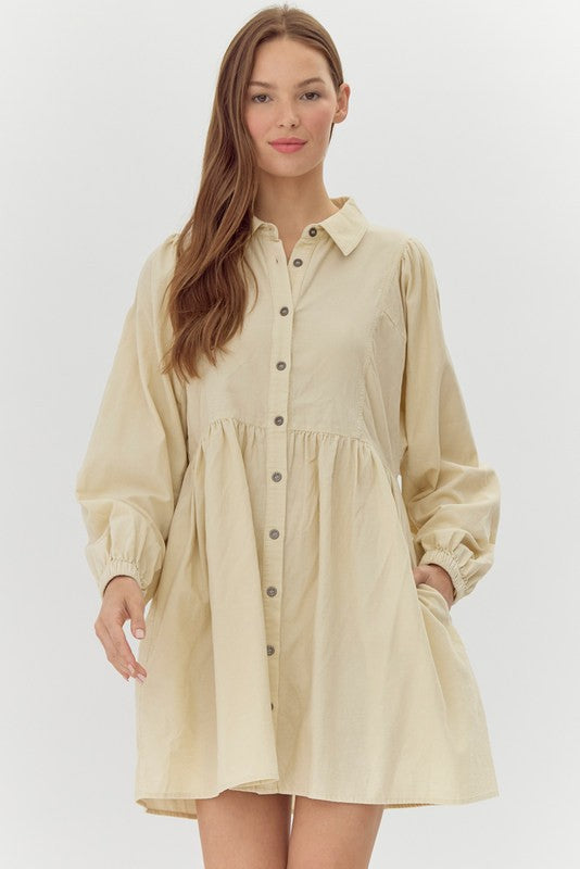 Cream Long Sleeve Button Up Dress