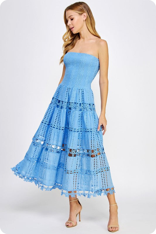 Eyelet Embroidered Lace Tube Dress- Chambray