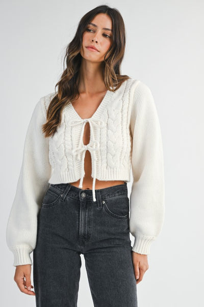 Front Tie Cable Knit Cardigan Sweater- Cream