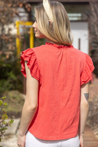 Contrast Band Ruffle Sleeve Knit Top