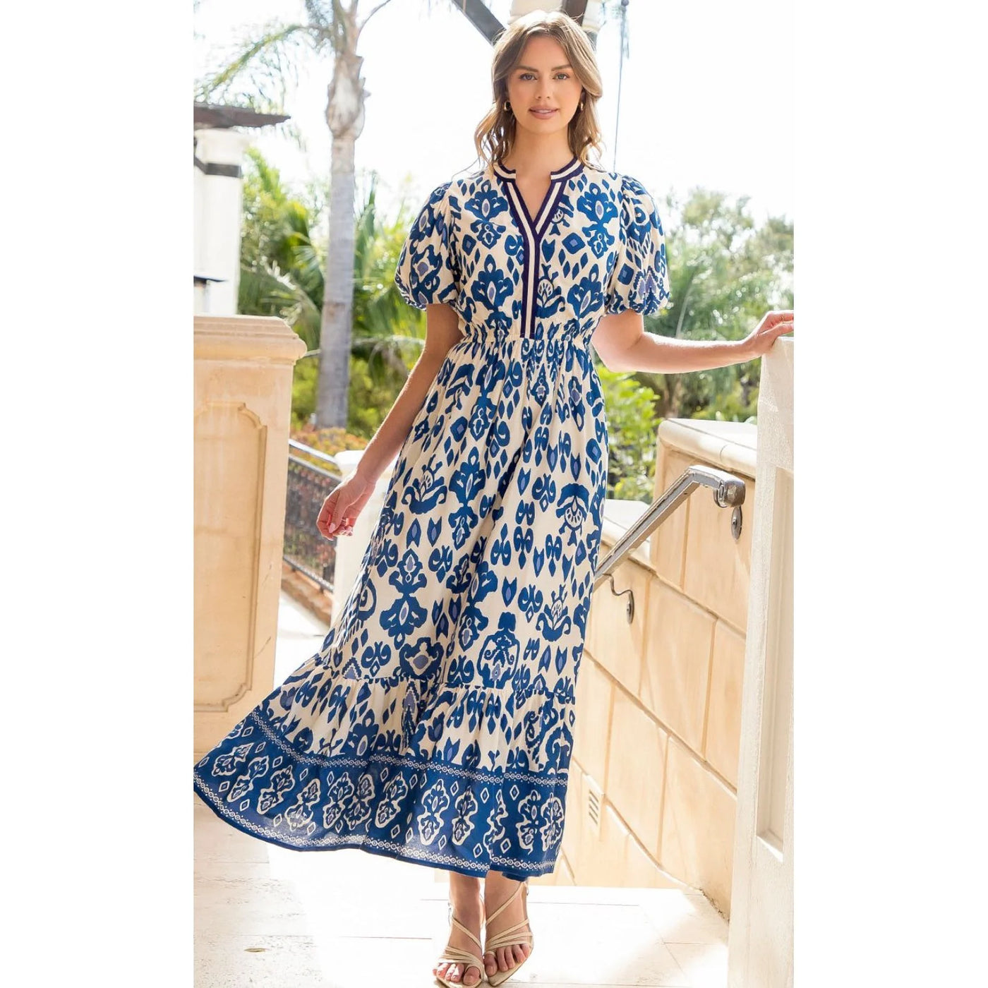 Blue and White Puff Sleeve Maxi Dress