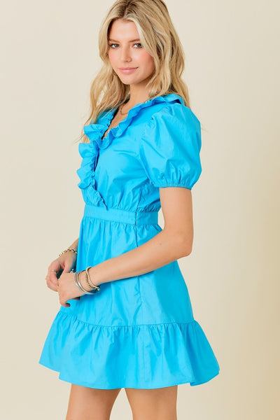 Maisey Ruffle Neck Dress- Sky Blue