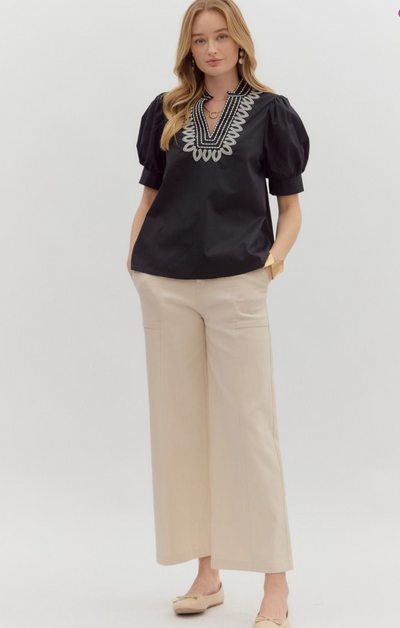 Black Bubble Sleeve Embroidery Detail Top