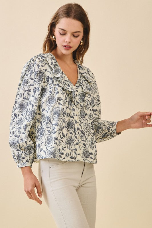 Floral Print Ruffled V-Neck Top