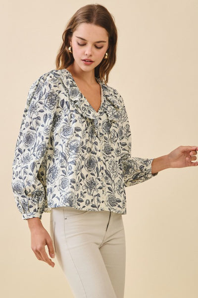 Floral Print Ruffled V-Neck Top