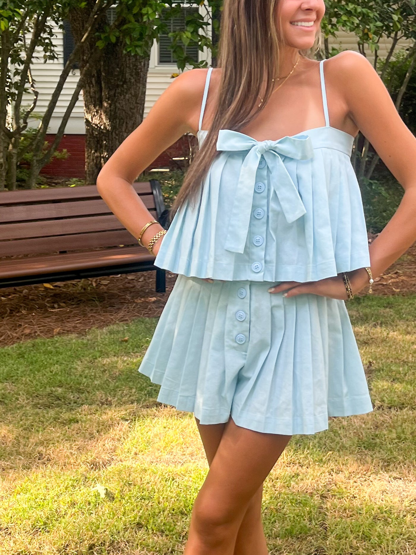 Pleated Front Skort-Powder Blue