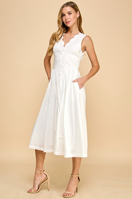 White Fitted Waist Midi Dress