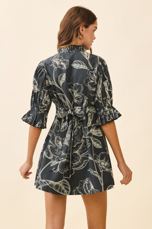Black Floral Print Ruffle Trim Mini Dress