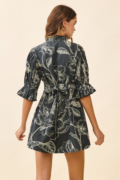 Black Floral Print Ruffle Trim Mini Dress