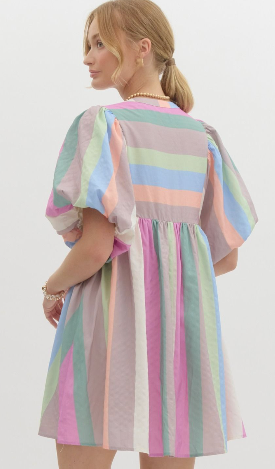 Striped Bubble Sleeve Babydoll Dress- Pastel