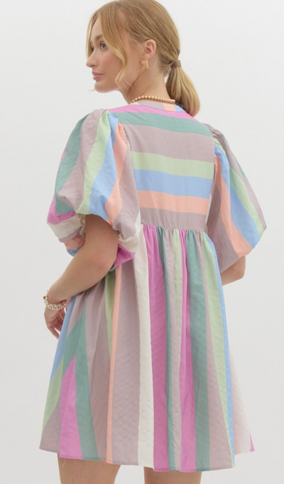 Striped Bubble Sleeve Babydoll Dress- Pastel