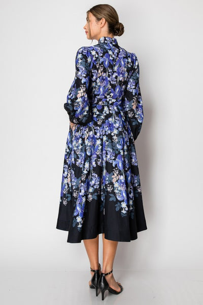 Button Detail Floral Print Belted Midi Dress