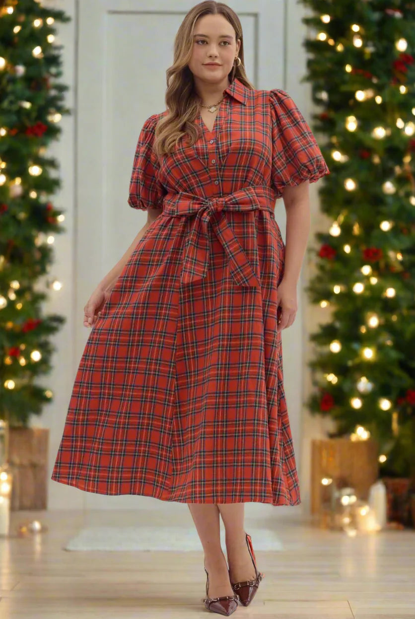 Red Plaid Puff Sleeve Midi Dress