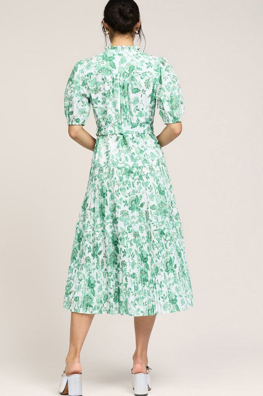 Green Floral Tiered Midi Dress