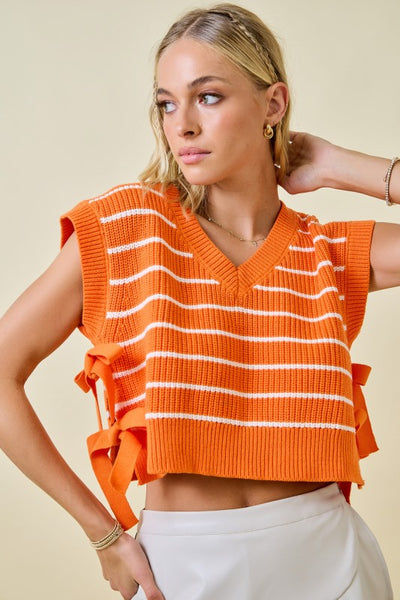 Striped V-Neck Side Tie Sweater Top- Orange/White