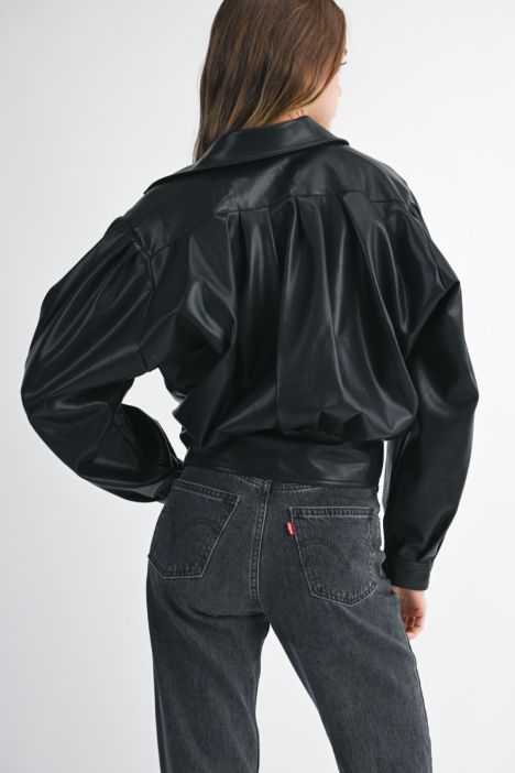 Black Faux Leather Pleated Bomber Jacket