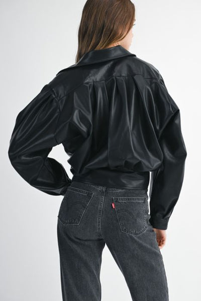 Black Faux Leather Pleated Bomber Jacket