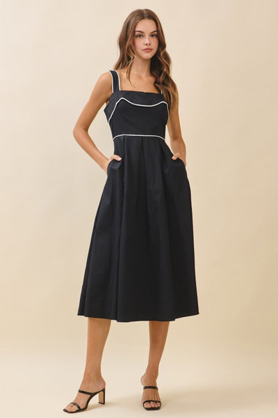 Black Contrast Piping Midi Dress