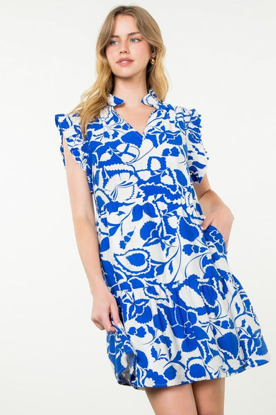 Royal Blue Print Ruffle Sleeve Dress