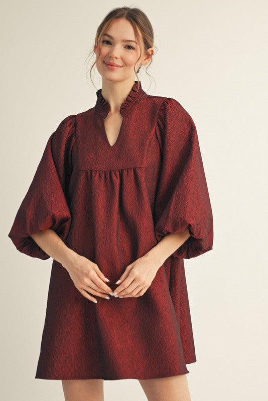 Burgundy Textured Balloon Sleeve Dress