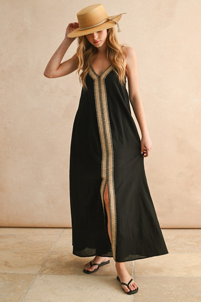 Black Straw Trim Maxi Dress
