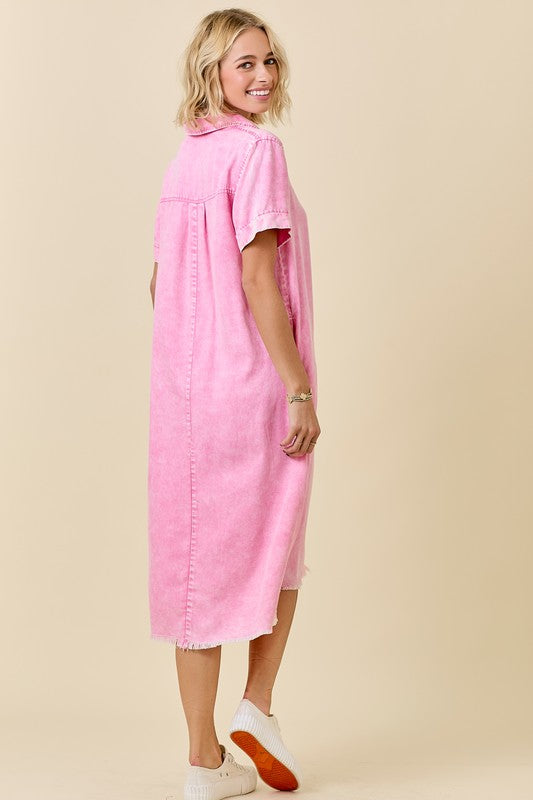 Washed Pink Button Down Collared Midi Dress