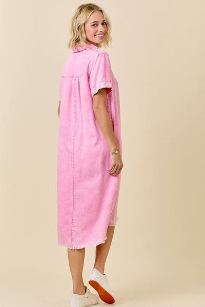 Washed Pink Button Down Collared Midi Dress