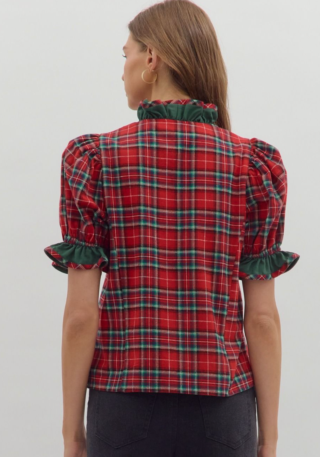Red Plaid Puff Sleeve Top