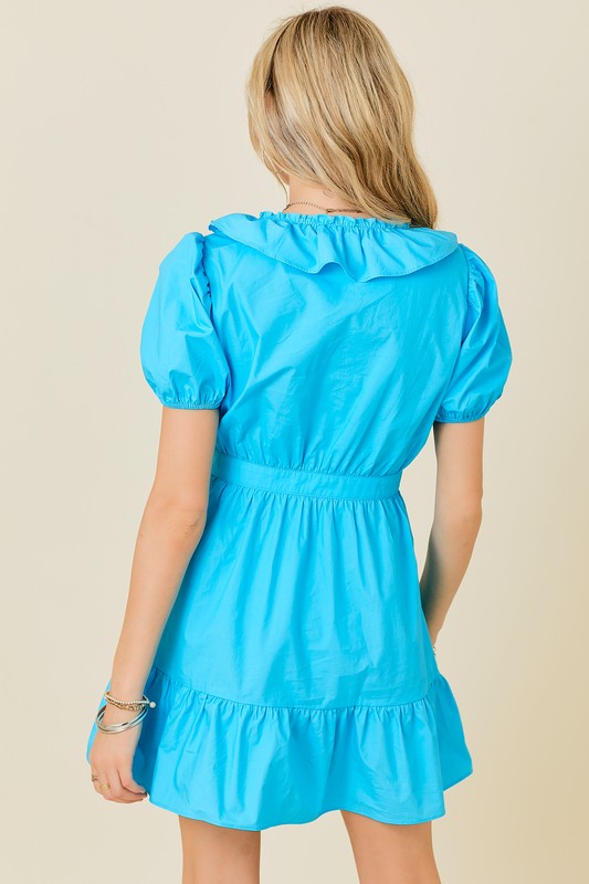 Maisey Ruffle Neck Dress- Sky Blue