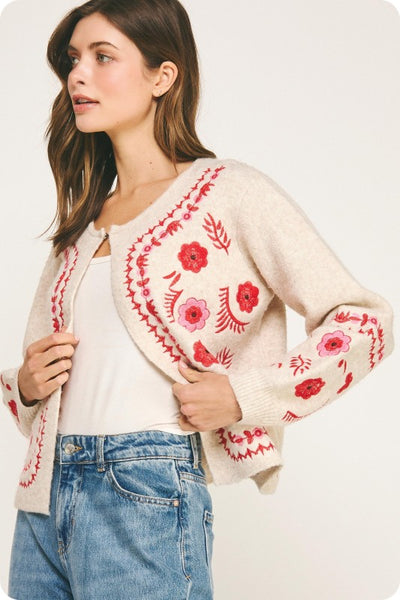 Embroidered Sweater Cardigan- Taupe/Red