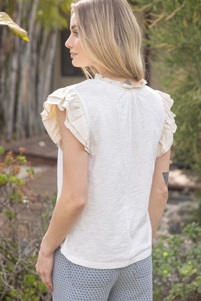 Contrast Band Ruffle Sleeve Knit Top