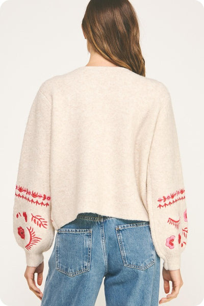 Embroidered Sweater Cardigan- Taupe/Red
