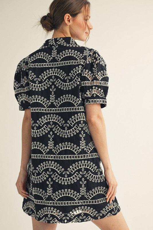 Black Geometric Pattern Dress With Pockets
