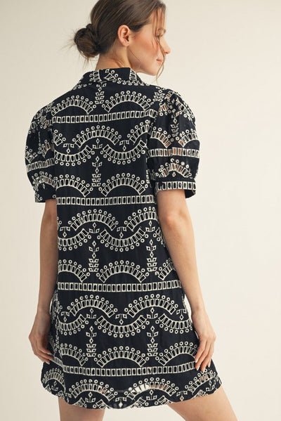 Black Geometric Pattern Dress With Pockets
