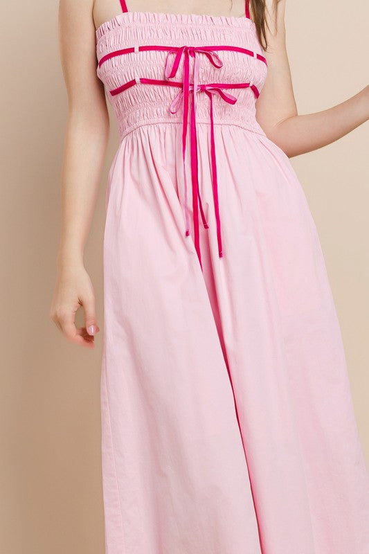 Velvet Trim Midi Dress- Pink