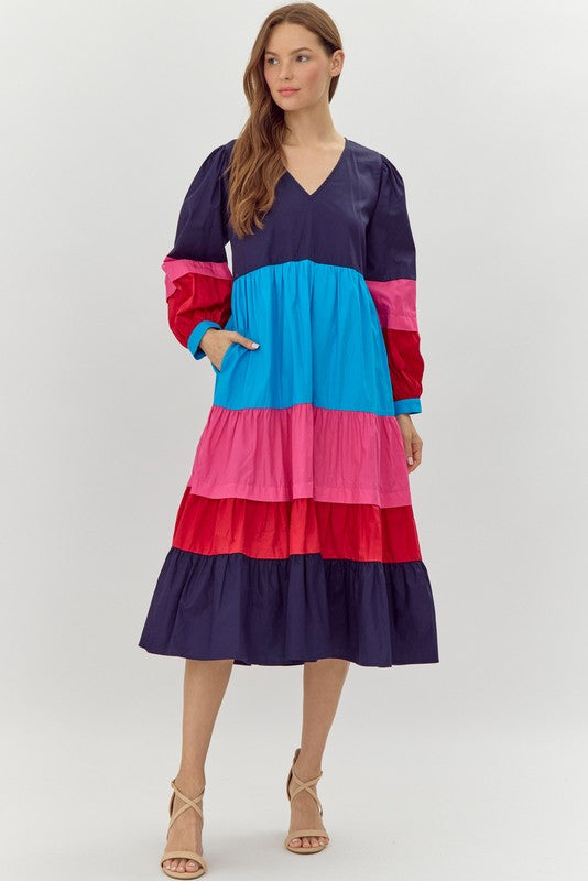 Navy Color Blocked Tiered Midi Dress