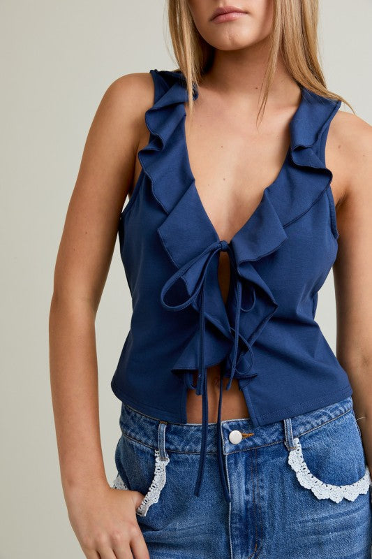 Navy Sleeveless V-neck Ruffle Tie Front Knit Top