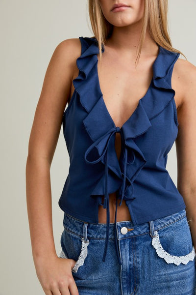 Navy Sleeveless V-neck Ruffle Tie Front Knit Top