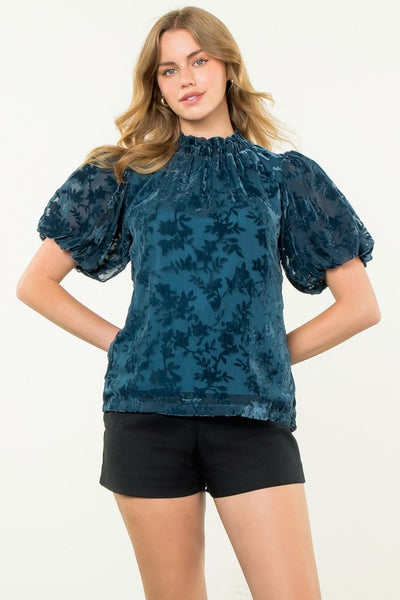 Puff Sleeve Velvet Detail Top- Teal