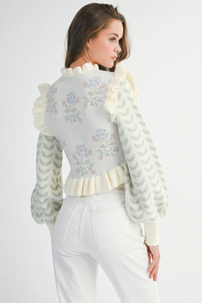 Ruffle Shoulder Floral Knit Cardigan Jacket