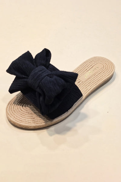 Linen Big Bow Slide- Black