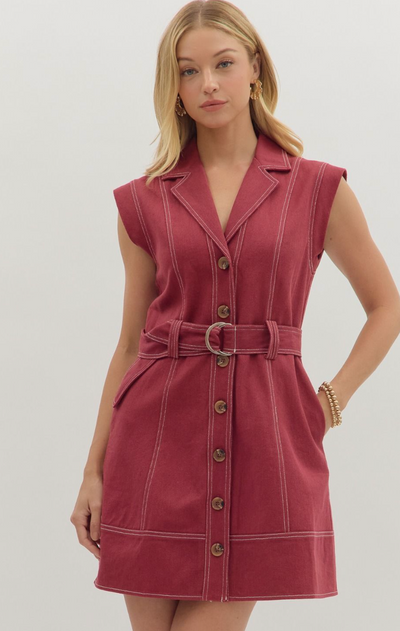 Burgundy Sleeveless Belted Mini Dress