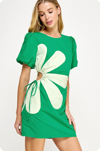 Side Cut-Out Flower Mini Dress- Green