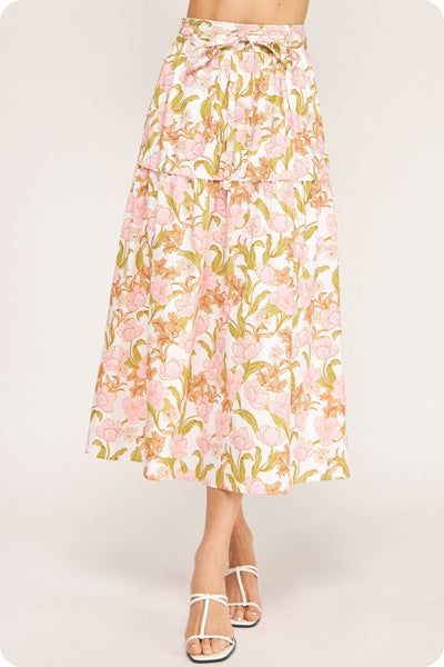 Floral Print Tiered Midi Skirt