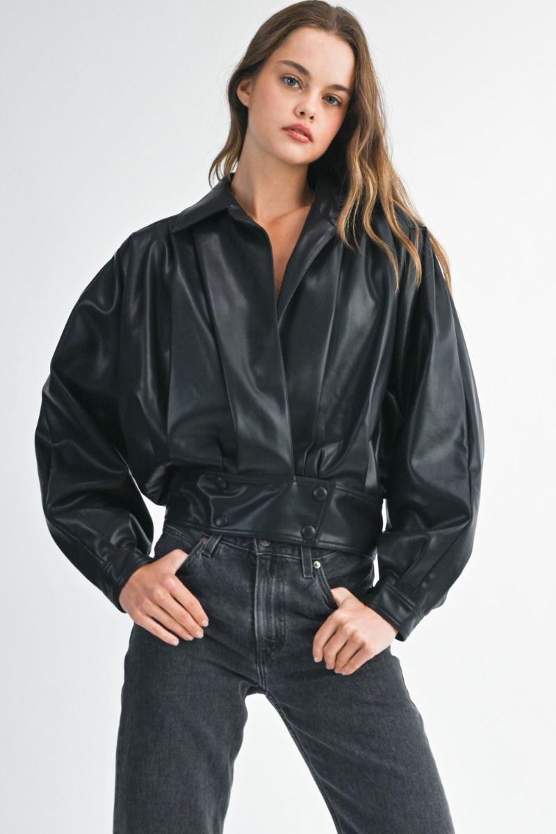 Black Faux Leather Pleated Bomber Jacket