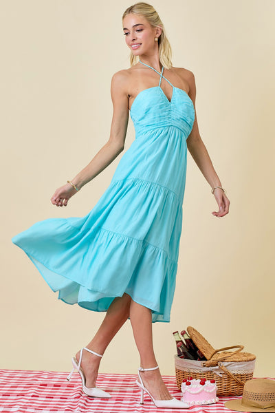 Blue Halter Tiered Midi Dress