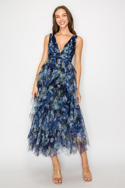 Navy Floral Tulle Midi Dress